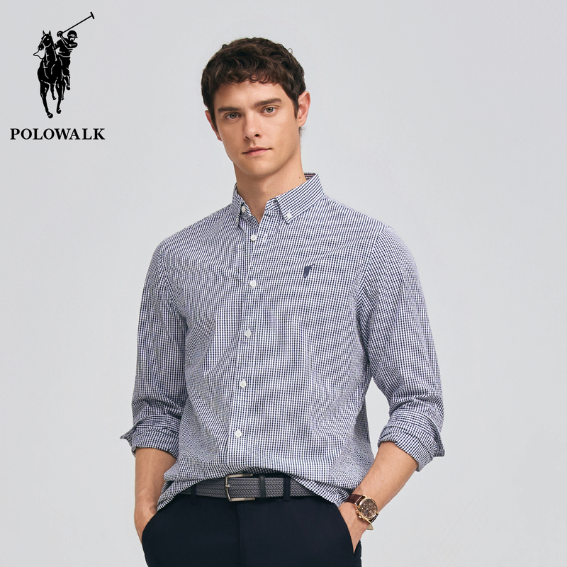 Polowalk Lapel Long-Sleeved Plaid Shirt for Men 2025 Spring and Autumn Paul New Casual Business Oxford Shirt