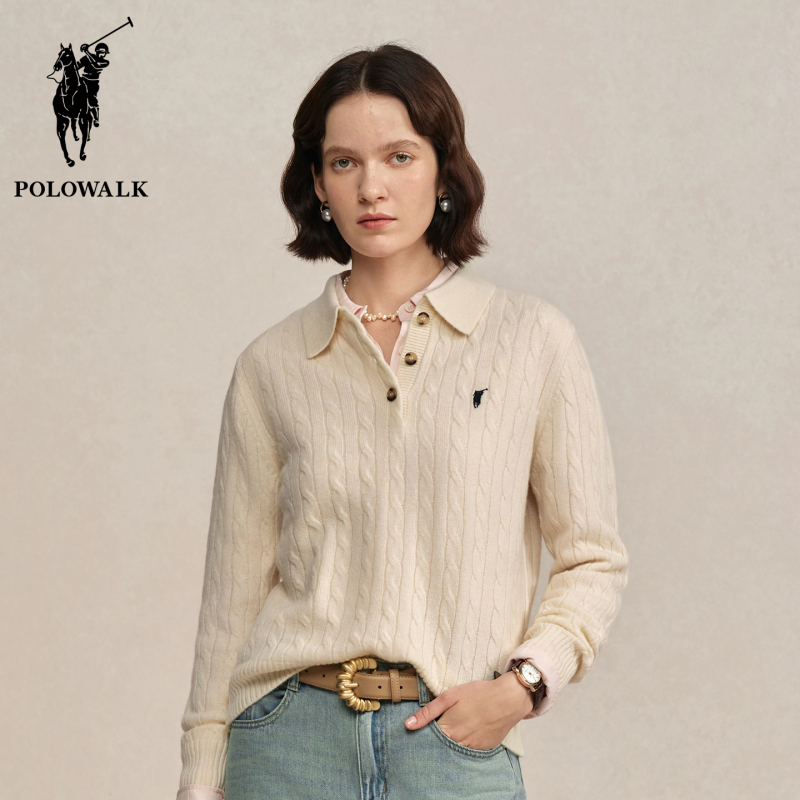 Polowalk Women's Cable Knit Lapel 100% Pure Wool Sweater Autumn and Winter Style Old Money Style Warm Pullover Sweater Polowalk Women's Cable Knit Lapel 100% Pure Wool Sweater Autumn and Winter Style Old Money Style Warm Pullover Sweater
