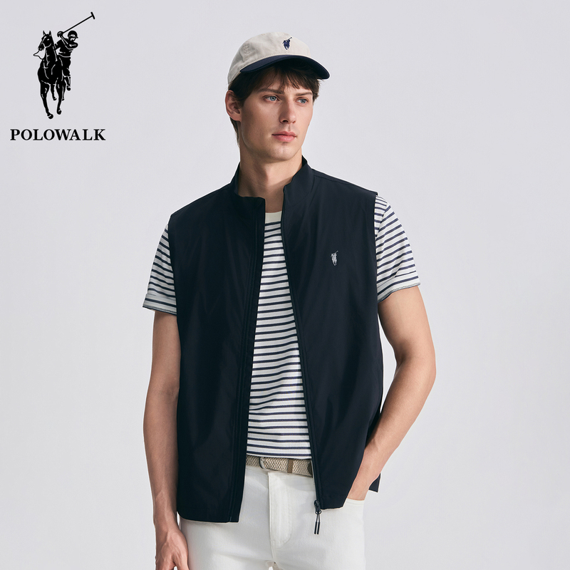Polowalk Solid Color Printed Lightweight Stand-Up Collar Vest for Men, New Spring and Autumn Casual Style Layered Sleeveless Zipper Vest