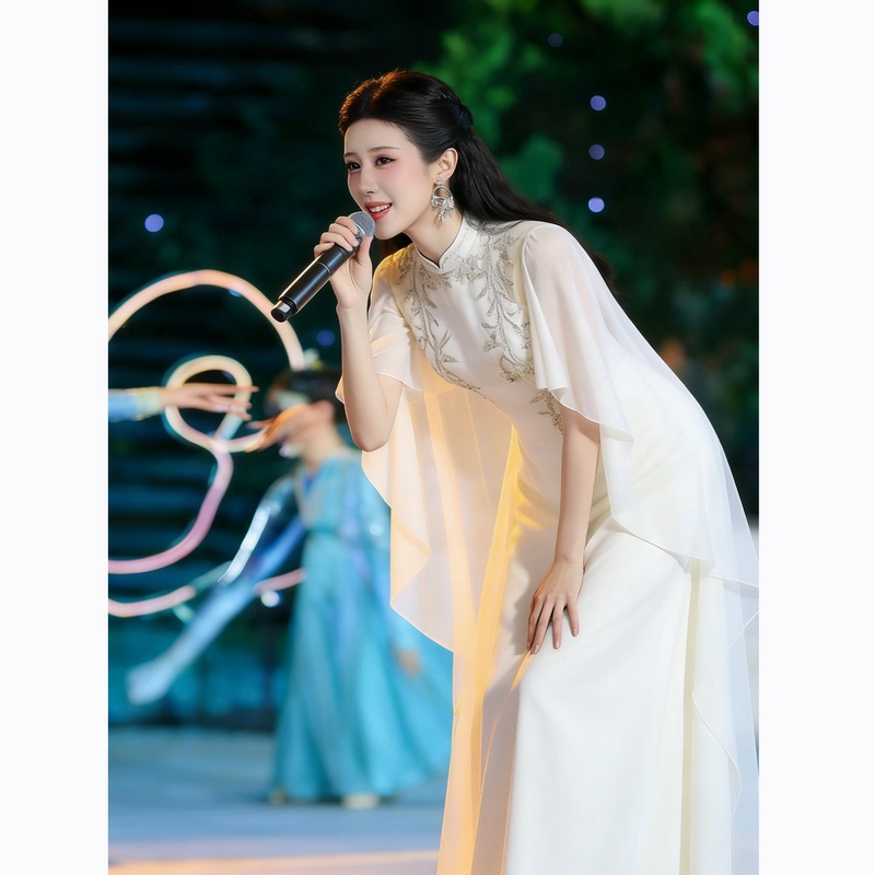 New Chinese-Style Hostess Dress with Water Sleeves for Guzheng Performance, Dignified and Elegant, Ethnic Solo Vocal Performance Attire for Women New Chinese-Style Hostess Dress with Water Sleeves for Guzheng Performance, Dignified and Elegant, Ethnic Solo Vocal Performance Attire for Women