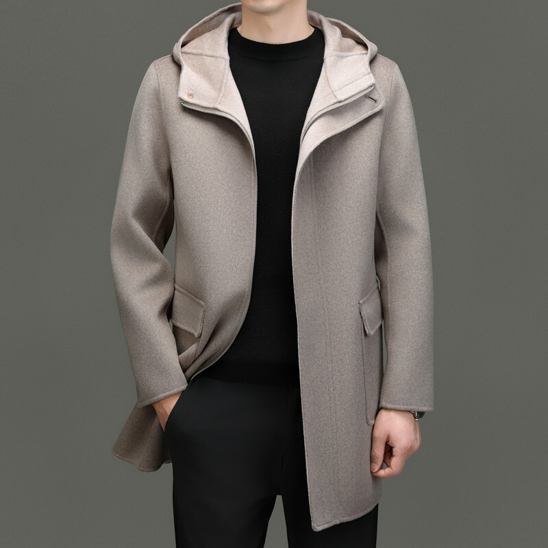 Double-Sided Wool Coat for Men, Thickened Trench Coat, Autumn and Winter Mid-Length Hooded Woolen Jacket for Dad