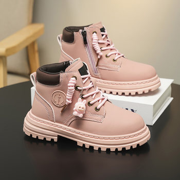 Labubu Girls' Boots 2025 Autumn and Winter New Children's Martin Boots for Older Kids, Large Yellow Leather Boots, Waterproof Single Shoes