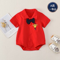 Baby one year old dress mens summer dress thin cotton summer red baby full moon suit 100 days feast week clothes