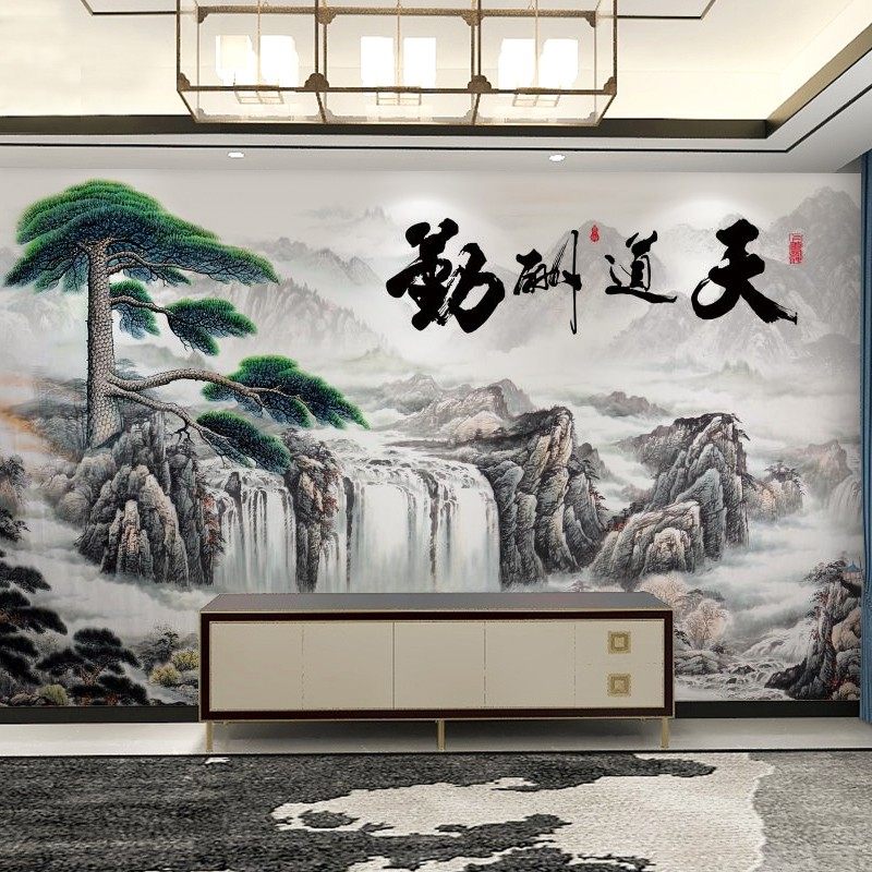 3d大气装饰画无缝墙纸壁画新中式背景墙壁纸天道酬勤办公室山水画-Taobao
