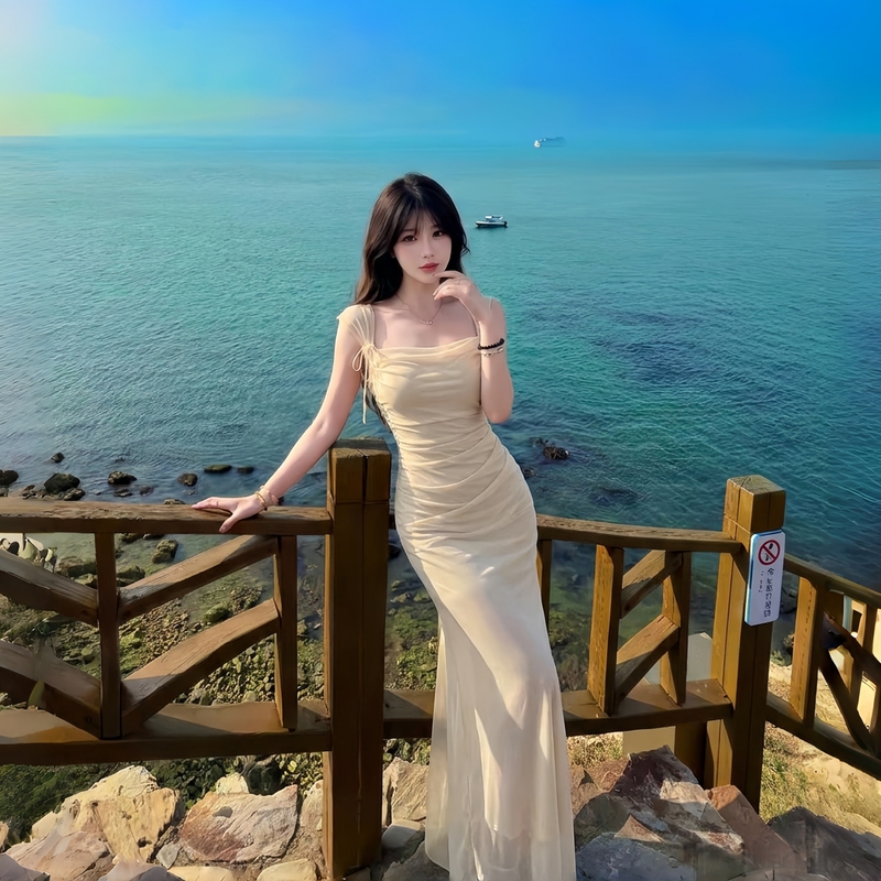Girlsat18 French Mesh Suspender Dress for Women, Summer Seaside Resort Style, Sexy and Elegant Waist-Cinching Long Skirt