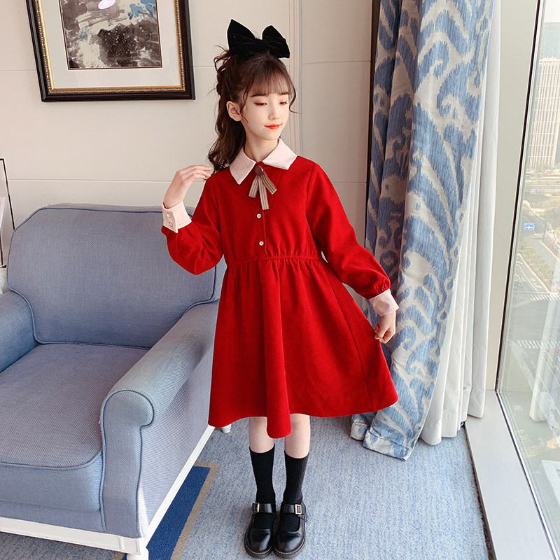 Girls Wear Long Sleeve Red Dress Long Skirt Over Knee 2022 Spring Clothing Children Girls Spring Autumn Skirt Dresses