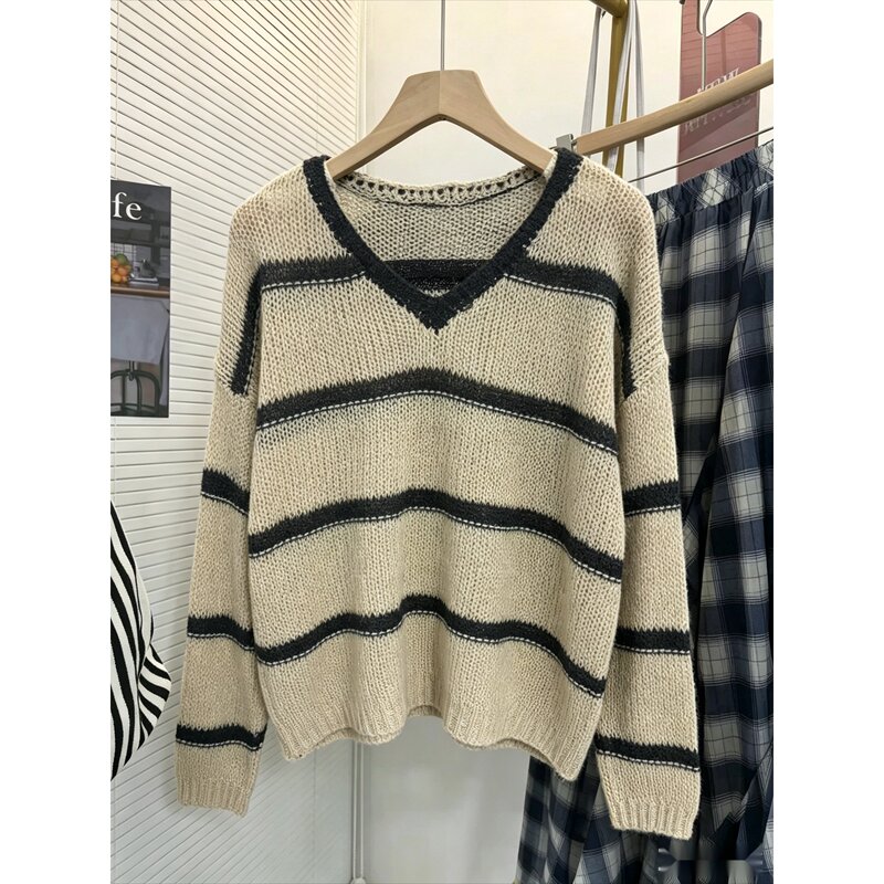 (Qing Dynasty Style) V-Neck Wide-Striped Sequined Long-Sleeve Knit Sweater H392 (Actual Product as Shown in the Live Broadcast) (Qing Dynasty Style) V-Neck Wide-Striped Sequined Long-Sleeve Knit Sweater H392 (Actual Product as Shown in the Live Broadcast)