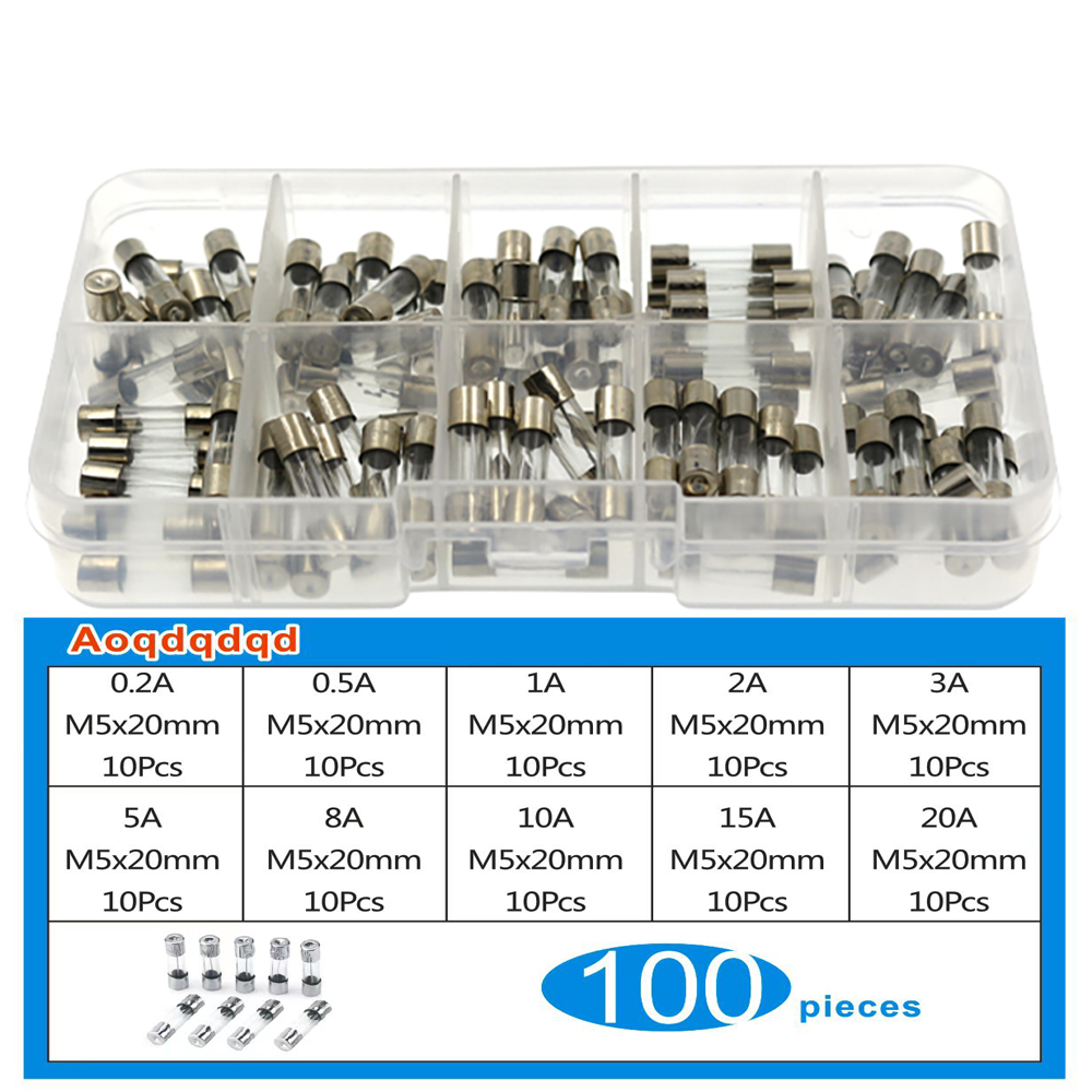 100PCS 5*20 fuse tube box with 10 resistance values ​​10 each 0 2A-20A fuse set 5×20
