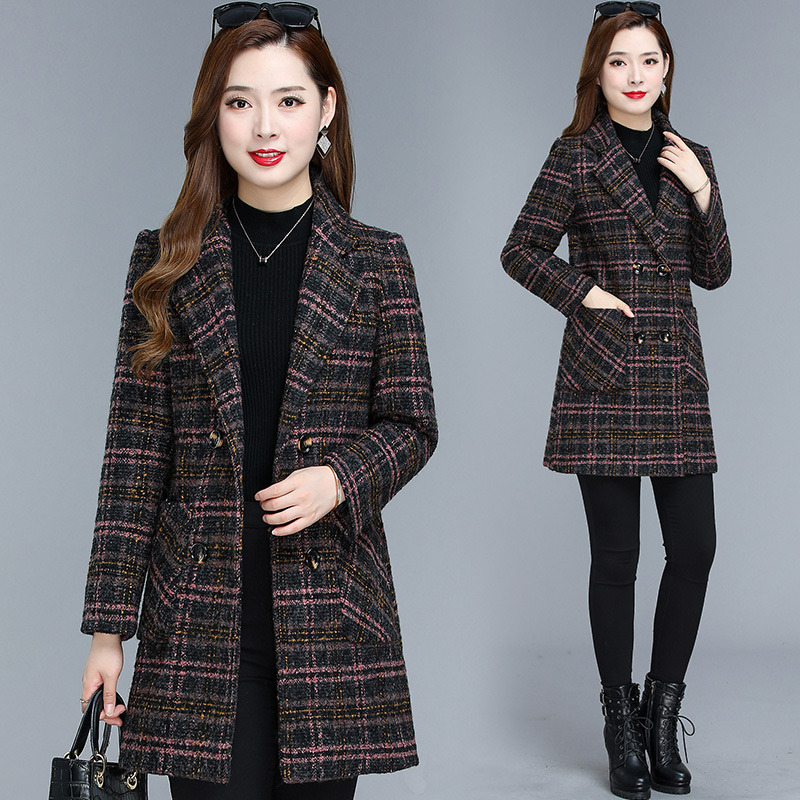 Women's Mid-Length Woolen Coat, Winter 2022 New Style, Plaid, Thickened, Cotton-Padded, Warm, Tweed Suit Coat