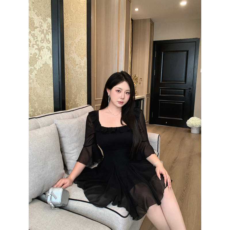 Missy, the "Half-Cooked Lover," Has a French Square-Neck, Five-Quarter Bell-Sleeve Mesh Dress, a Slightly Chubby Waist-Cinching Little Black Dress Missy, the "Half-Cooked Lover," Has a French Square-Neck, Five-Quarter Bell-Sleeve Mesh Dress, a Slightly Chubby Waist-Cinching Little Black Dress