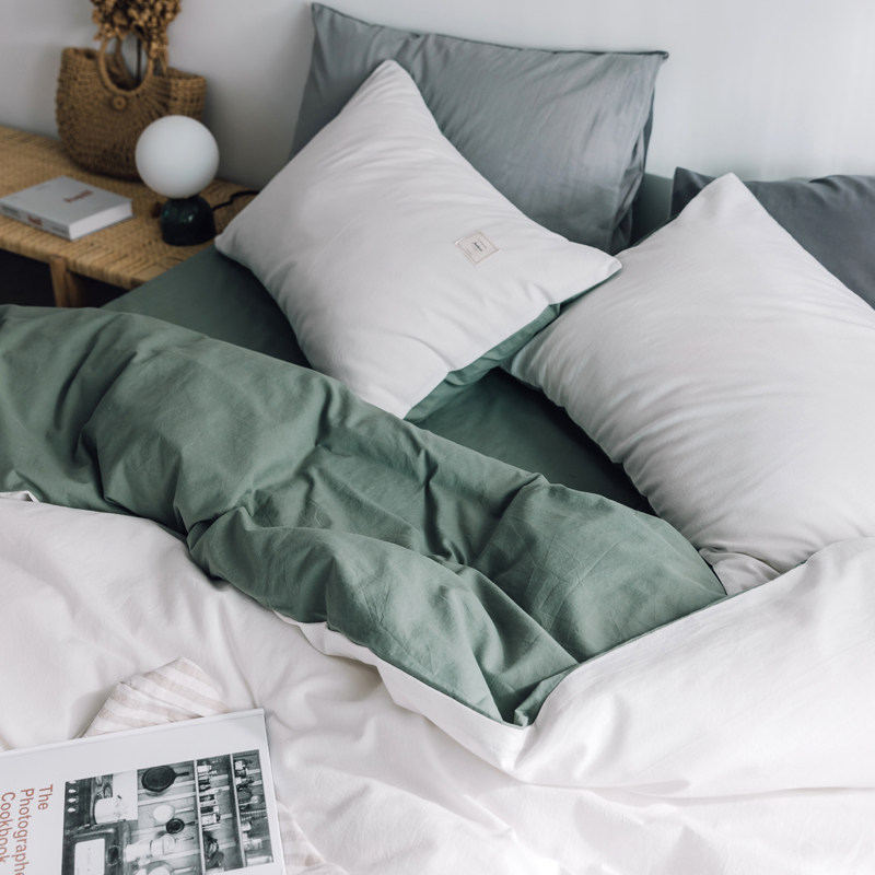 Simple cotton washed cotton four-piece set pure cotton quilt cover bed pure color 4-piece single double fitted sheet