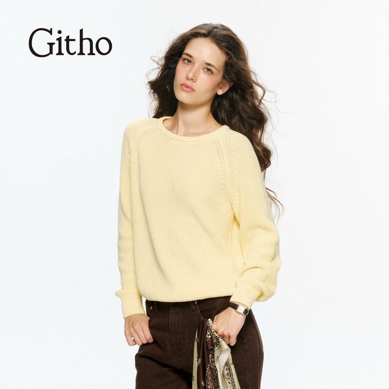 Githo26 New Autumn Style Simple Round Neck Raglan Sleeve Knit Top Cream White|Cream Yellow|Dark Coffee Githo26 New Autumn Style Simple Round Neck Raglan Sleeve Knit Top Cream White|Cream Yellow|Dark Coffee