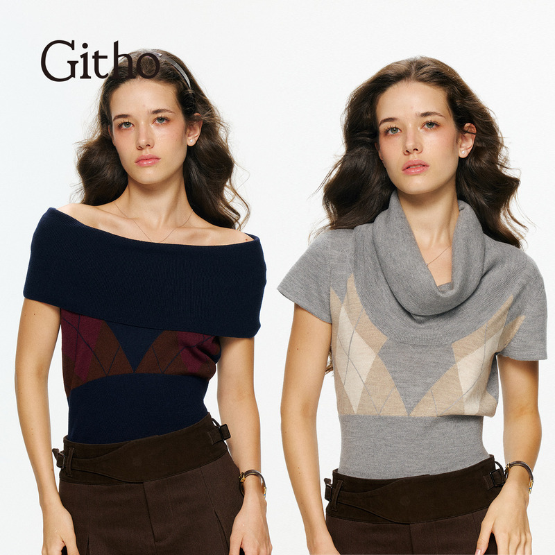Githo26 New Autumn Collection 100% Merino Wool Swing Collar Off-Shoulder Waist-Cinching Knit Short-Sleeve Two-Way Wear Top Githo26 New Autumn Collection 100% Merino Wool Swing Collar Off-Shoulder Waist-Cinching Knit Short-Sleeve Two-Way Wear Top