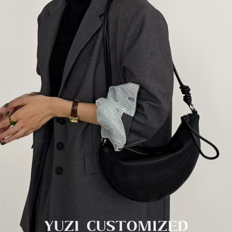 Yuzi Women's Crossbody Half-Moon Bag Genuine Sheepskin Croissant Bag Simple High-End Versatile Shoulder Bag with Unique Design
