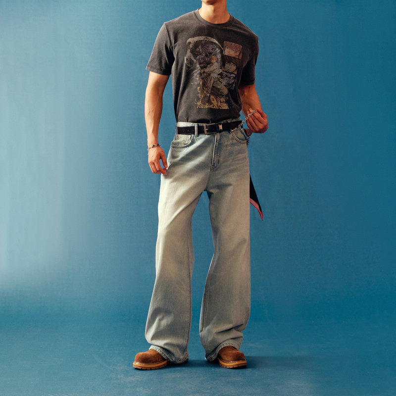 〔 Plus No Logo 〕Cone Kanglong'Daytime O02' Washed Ice Blue Straight-Leg Jeans 〔 Plus No Logo 〕Cone Kanglong'Daytime O02' Washed Ice Blue Straight-Leg Jeans