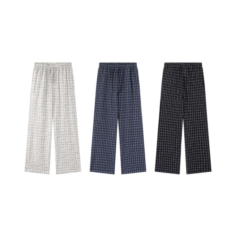 〔 Plus No Logo 〕 "Salt-Washed Bubble Wrinkle Plaid Casual Pants, Loose Straight-Leg Drawstring Trousers 〔 Plus No Logo 〕 "Salt-Washed Bubble Wrinkle Plaid Casual Pants, Loose Straight-Leg Drawstring Trousers