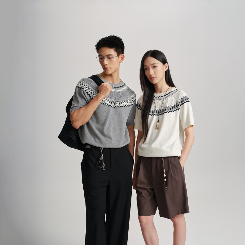 〔 Plus No Logo 〕 Wool Blend'Fair Isle Short-Sleeve' Textured Jacquard Crew Neck Knit T-Shirt