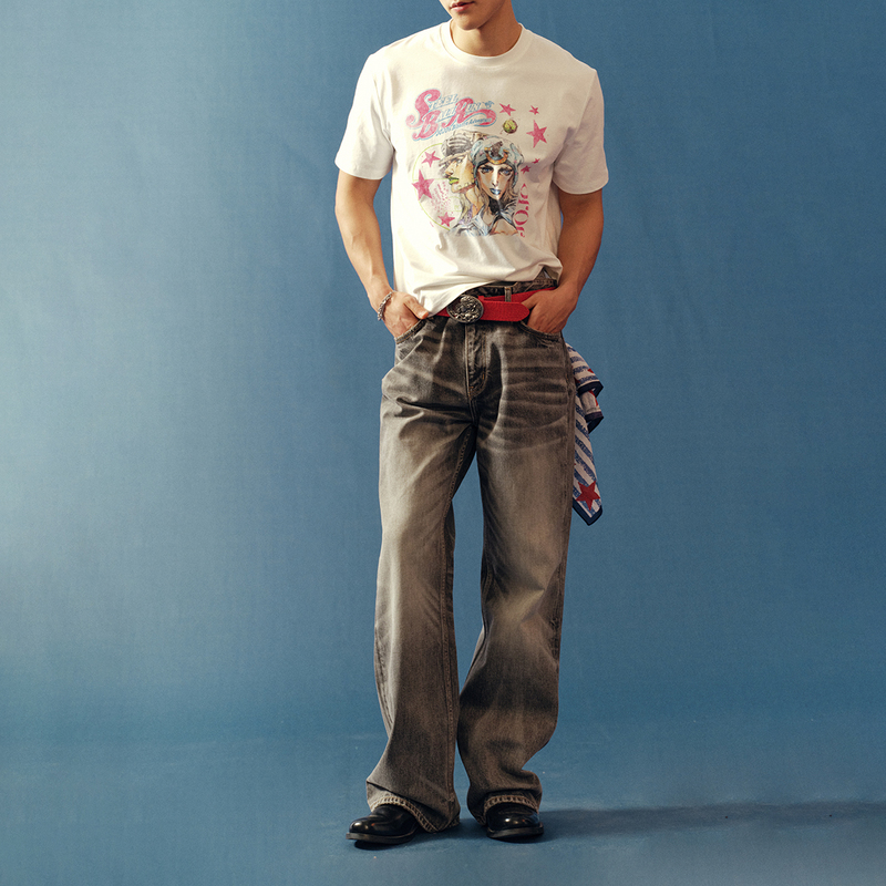 〔 Plus No Logo 〕 "Reverse Light Cowhide Leather Effect Natural Wash Honeycomb Vintage 646 Flared Jeans