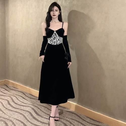 Черное платье в стиле Хепберн, элитное роскошное нишевое платье для дня рождения, светское бархатное платье на подтяжках