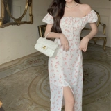 Сексуальная длинная юбка, приталенный корсет, весеннее платье, французский стиль, открытые плечи, рукава фонарики, в цветочек, коллекция 2022