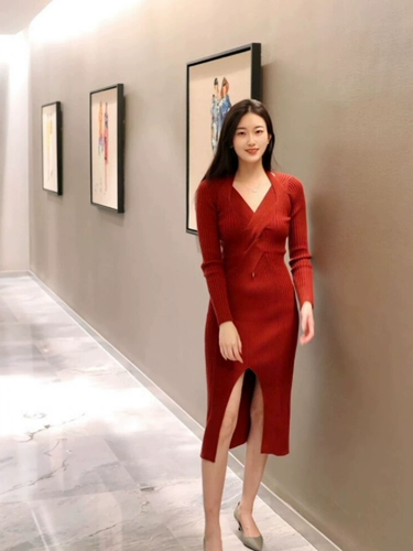 Красный лонгслив, приталенное трикотажное платье, длинная юбка, изысканный стиль, яркий броский стиль, французский стиль