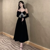 Черное платье в стиле Хепберн, элитное роскошное нишевое платье для дня рождения, светское бархатное платье на подтяжках