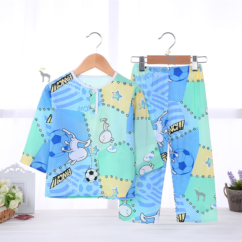 Summer childrens bộ đồ ngủ bằng lụa mỏng trai và bé gái máy lạnh phù hợp với bé mùa xuân mùa hè cotton lụa dài tay áo detat bộ.