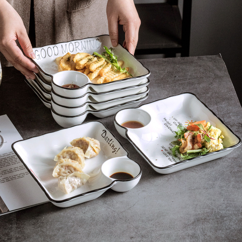 Square Dumpling Bowl with Dipping Sauce Dish, Personalized Creative Ceramic Breakfast Bowl for Home Use, 2022 New Trendy French Fries Plate