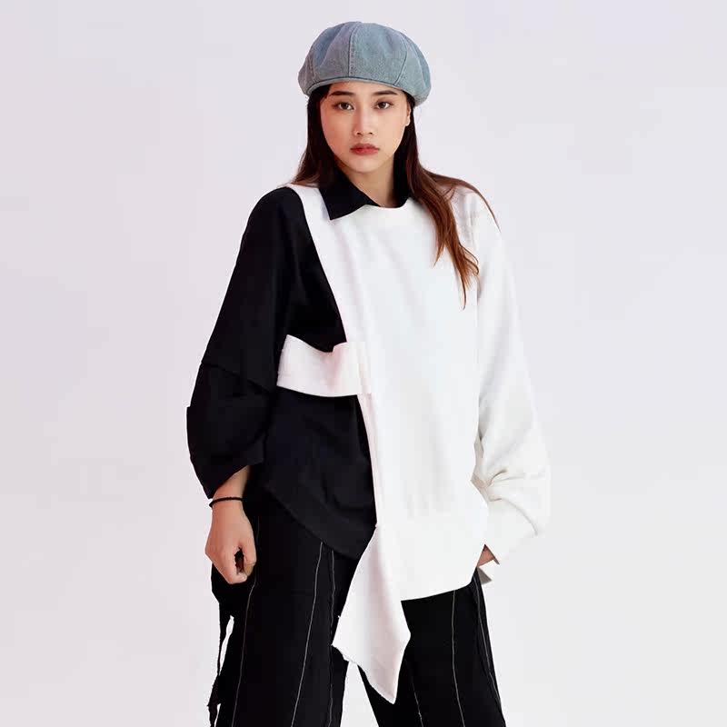 TOXIC Brown dancer with same loose long sleeve splicing sleeve head irregular deconstructs breaking hole pure color single piece of clothing