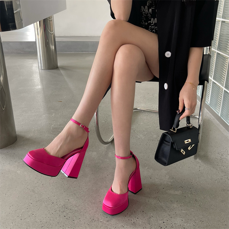 12cm Fabric High Heels, Fashionable Chunky Heel, Ultra-High Heel Single Shoes, Closed-Toe Sandals, Sexy Pink Lolita Model 12cm Fabric High Heels, Fashionable Chunky Heel, Ultra-High Heel Single Shoes, Closed-Toe Sandals, Sexy Pink Lolita Model