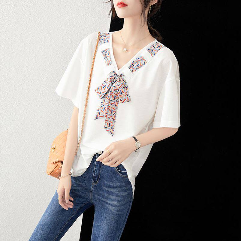 (21 New Summer Dress) Fashion Lace Casual Loose Large Size Contrast Ribbon White T-shirt Women's T-shirt (15