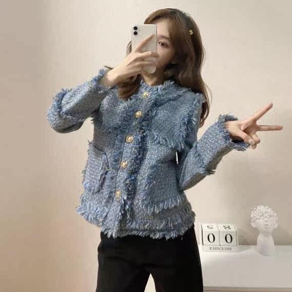 Coat female 2021 autumn new Korean French socialite temperament tweed foreign style Joker trend long sleeve jacket