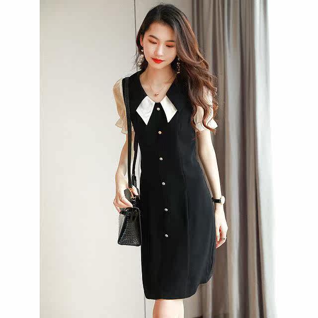(21 new summer dress) temperament fashion black single-breasted through short sleeve long hip dress female (15
