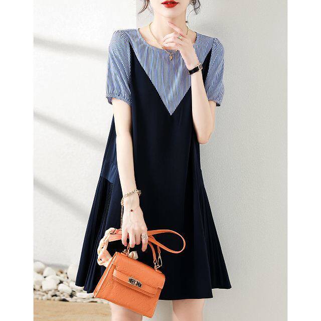 (21 new summer dress) fashion temperament casual stripe stitching organ pleats elegant dress women (15