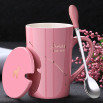 Creative personality ceramic mug with lid spoon cup Trend couple drinking cup Household coffee cup Mens and womens tea cup