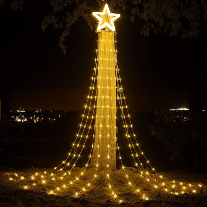 Christmas Solar Five-Pointed Star Waterfall Lights, Atmosphere Decorative Lights, Courtyard Outdoor Balcony Waterproof Hanging Tree Fairy Lights