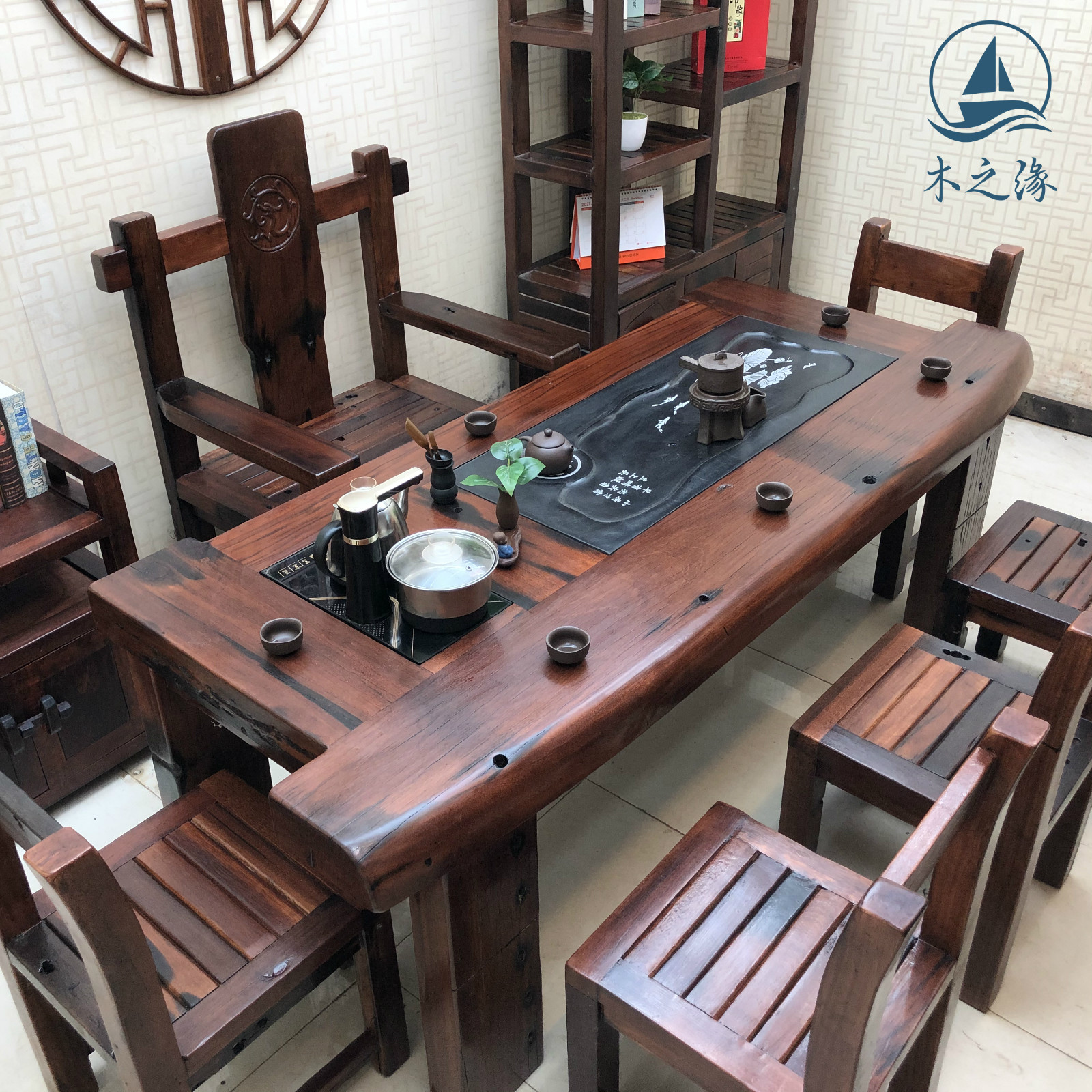 [USD 328.04] Old boat tea table and chair combination balcony home with ...