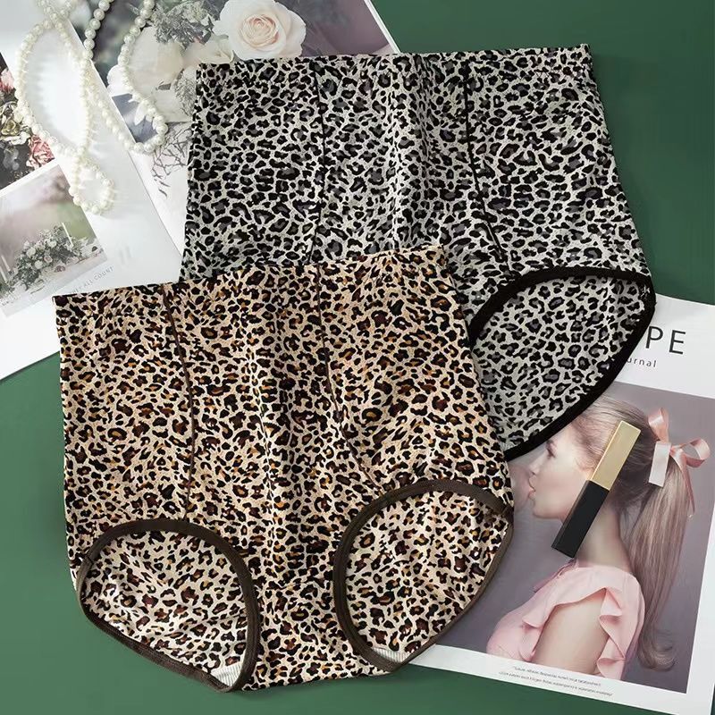 Women's Leopard Print High-Waisted Underwear, New High-Waisted Elastic Ice Silk Sexy Leopard Print Tummy Control Butt-Lifting Spring and Summer Underwear