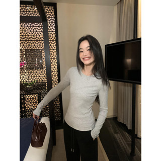 pusumede 月光手书 黑色针织长袖t恤女基础款简约内搭打底衫上衣