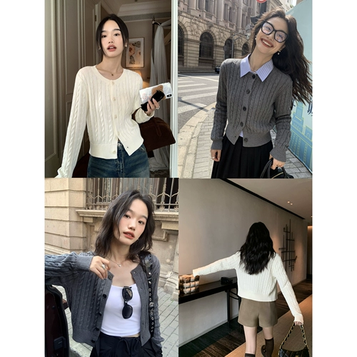 pusumede Осенний ретро короткий трикотажный свитер, кардиган, круглый воротник, оверсайз