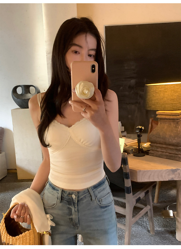 Топы/майки pusumede 【现货7.5折】杏色蕾丝花边带胸垫吊带背心女上衣
