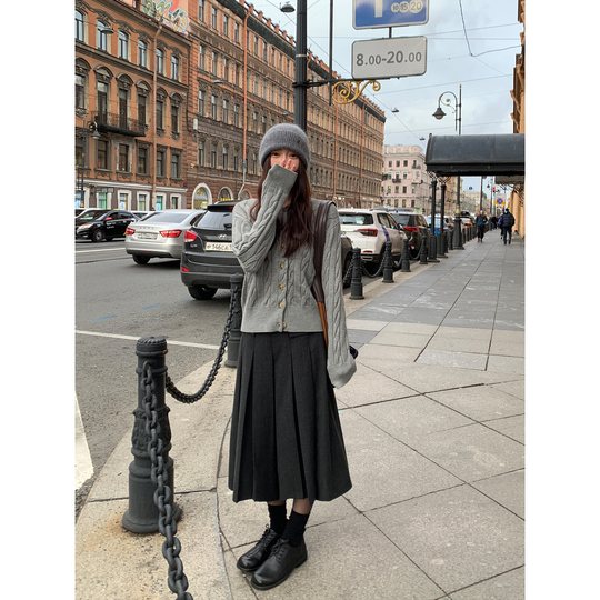 pusumede 韩女法则 中长款百褶半身裙女秋冬高腰a字裙设计感裙子