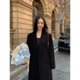 pusumede Черное демисезонное шерстяное пальто, шерстяная куртка, длина миди, изысканный стиль, яркий броский стиль, свободный крой