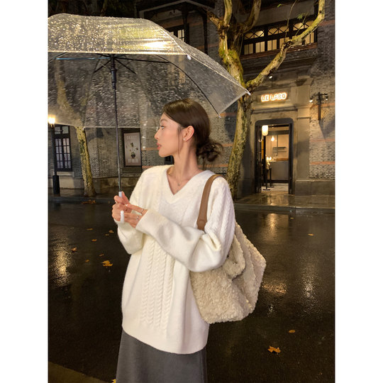 pusumede奶油泡沫 麻花v领毛衣女秋冬设计感宽松慵懒气质针织上衣