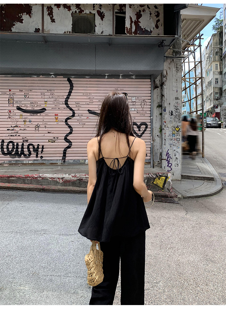 Топы/майки pusumede 黑色吊带背心女夏外穿宽松露背小衫设计感小众无袖上衣