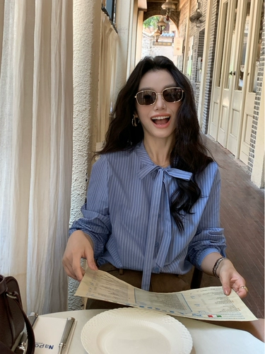 Pusumede【Новинка от 18 августа, 00:00】рубашка в полоску с галстуком-бабочкой, рубашка с длинными рукавами, топ