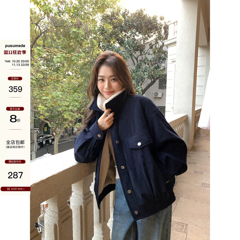 Pusumede American Retro Corduroy Jacket for Women in Autumn and Winter, Imitation Lamb Wool Lapel Cotton Outwear, Work Jacket Top