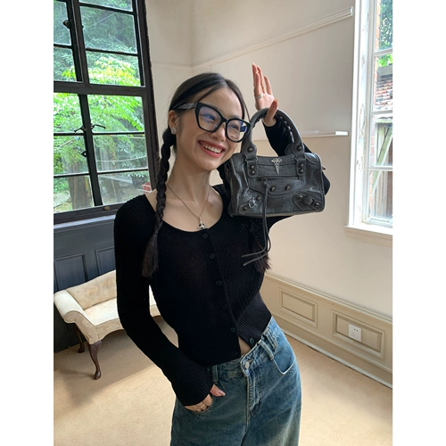 pusumede Осенний черный кардиган, короткий базовый корсет с круглым воротником, премиум класс, яркий броский стиль