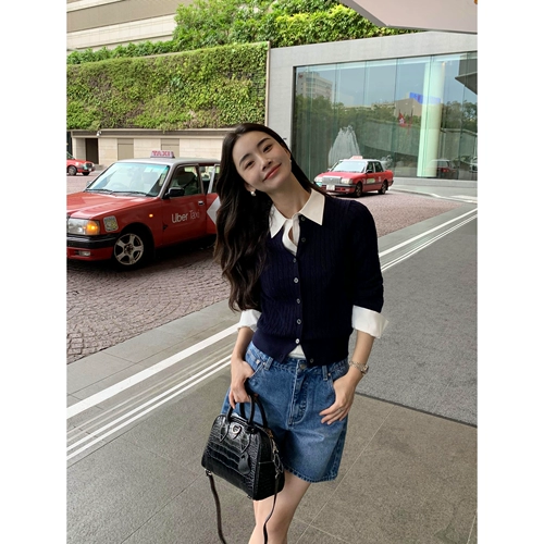 pusumede Трикотажная осенняя приталенная короткая куртка с круглым воротником