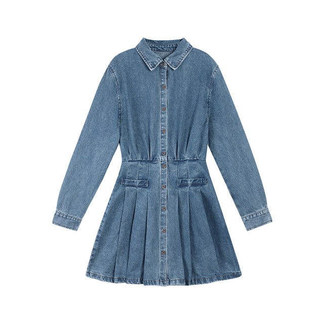 pusumede ສີຟ້າ denim dress ແມ່ຍິງເສື້ອໃຫມ່ skirt skirt ແອວສັ້ນ pleated skirt niche temperament skirt